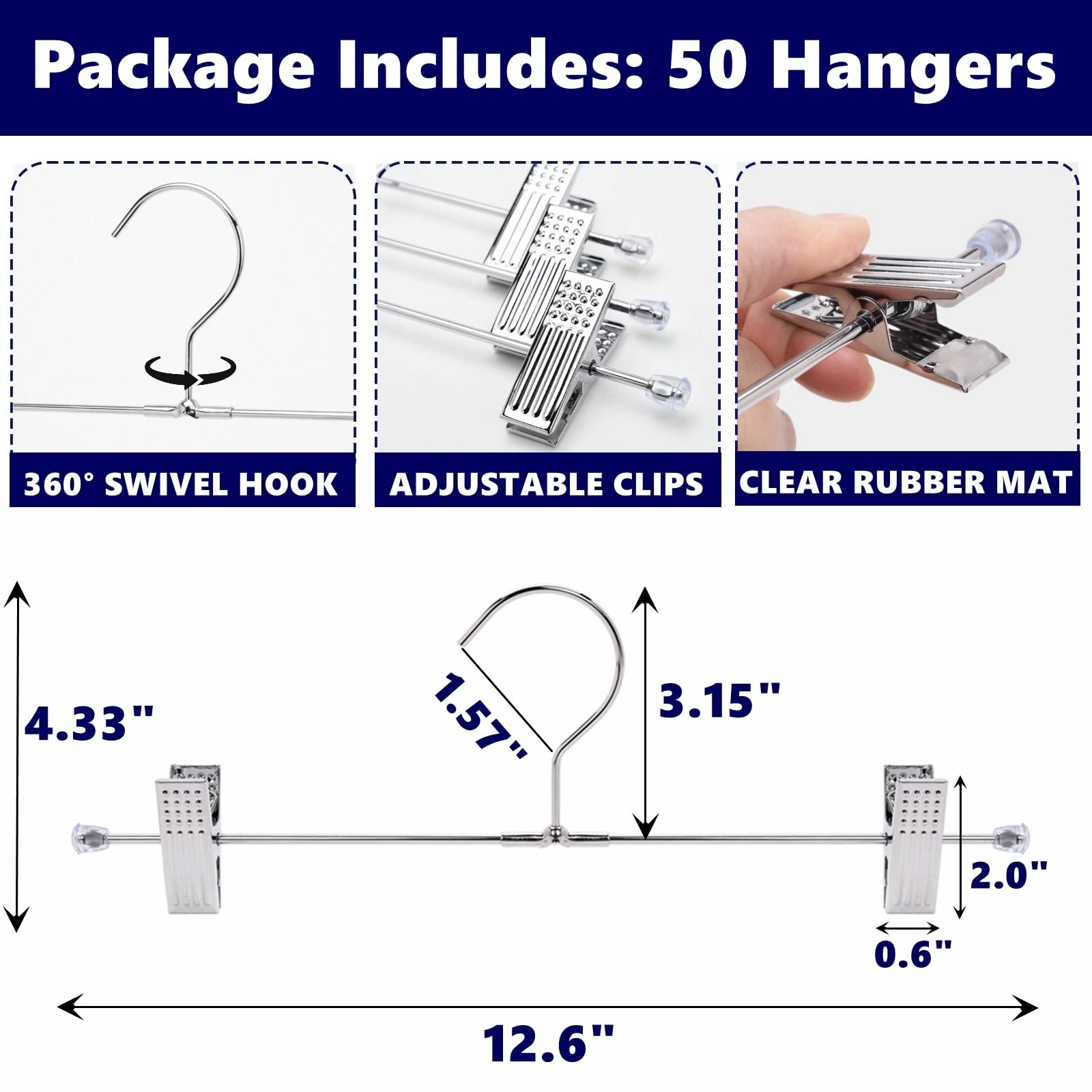 Amber Home 50 Pack Metal Pants Hangers With Clips, Heavy Duty Metal Skirt Hangers With 2-Adjustable Clips, Bottom Hangers For Sh